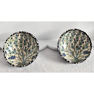 PAIR Nakkas Hand Painted Raised Turkish Small Ceramic Bowls Blue White Turkey